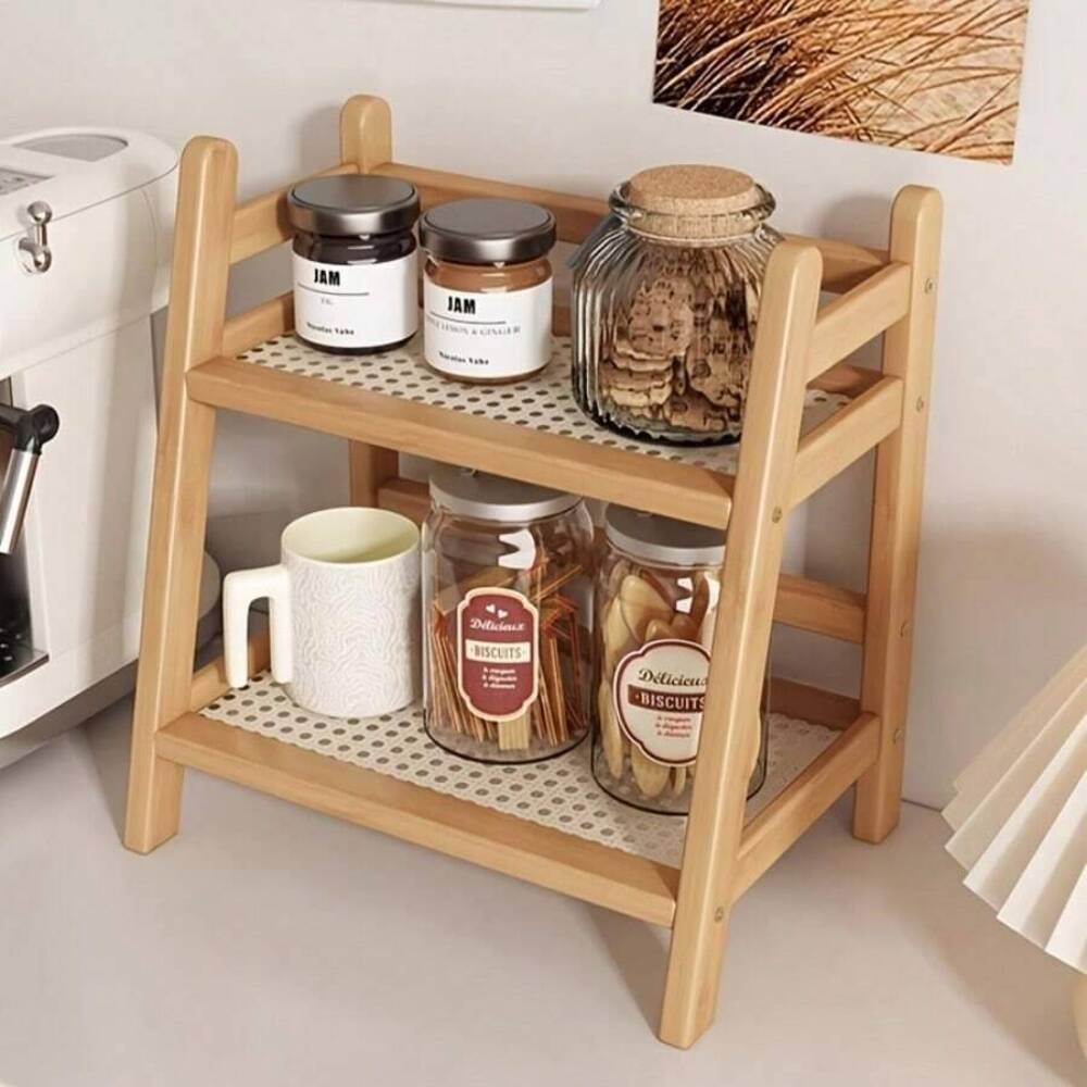 Commercial Kitchen Shelving - 2-Tier Bamboo Countertop Storage Rack, Wooden